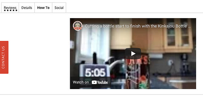 La página del producto cortador de botellas tiene un video de demostración de la botella Kinkajou