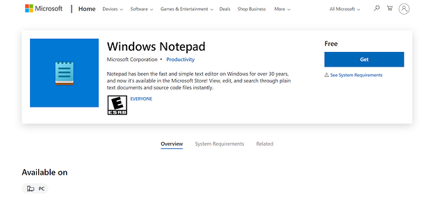 Una captura de pantalla de la página de descarga del Bloc de notas de Windows