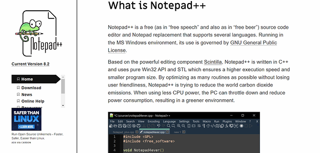 Captura de pantalla de la página de descarga de Notepad ++