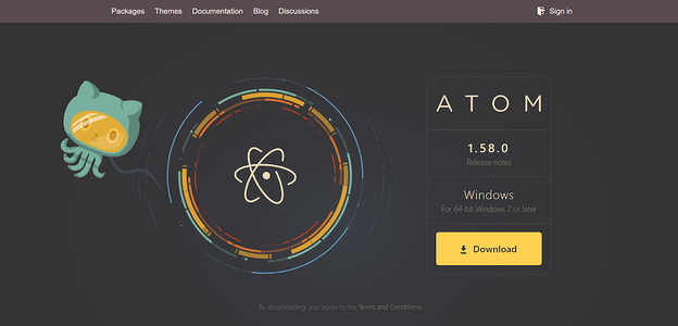 Captura de pantalla de la página de descarga del editor Atom