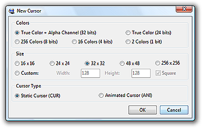 Establezca el color, el tamaño y el tipo de cursor animado en el cuadro de diálogo Nuevo cursor del editor IcoFX