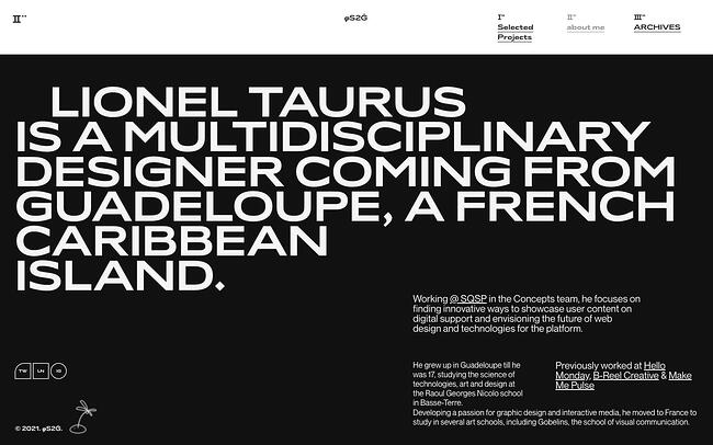 sitio web en blanco y negro: Lionel Taurus El sitio web tiene un diseño único con tipografía en negrita