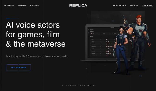 sitio web en blanco y negro: página de inicio de Replica Studios con demostraciones e imágenes de actores de voz de IA