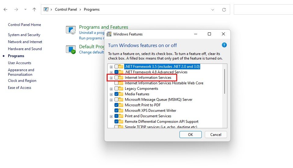 Característica de Internet Information Services, listada con Windows.