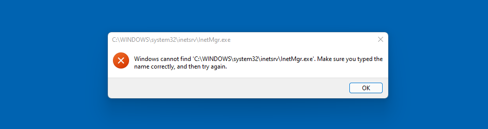 Mensaje de Windows que indica que no se pudo encontrar el archivo IIS.