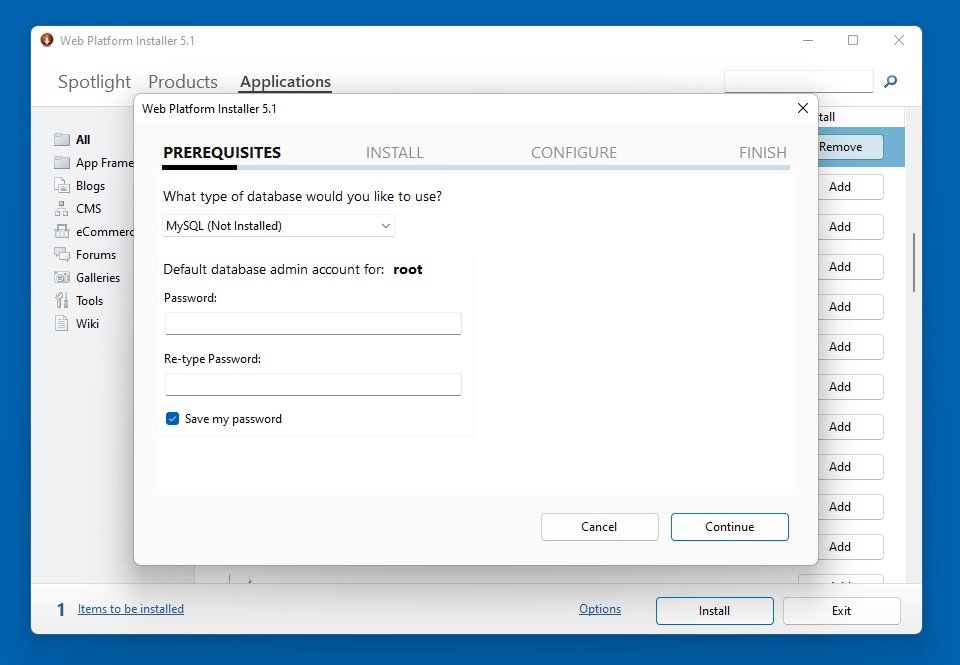 Configuración de la aplicación WordPress en el instalador de la plataforma web de Microsoft.
