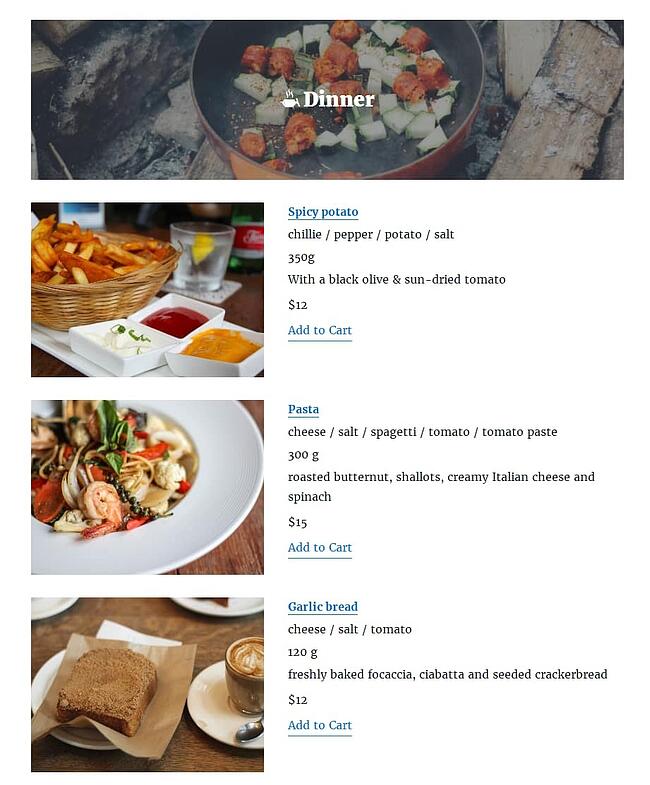 Complementos de menú de restaurante de WordPress: el menú de restaurante de WordPress incluye tres opciones de cena con ingredientes y precio