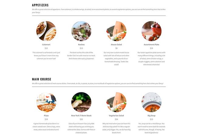 Complementos de menú de restaurante de WordPress: menú de restaurante de cinco estrellas con secciones de aperitivos y platos principales