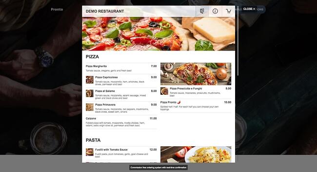 Complementos de menú de restaurante de WordPress: el menú del restaurante muestra pizza y pasta con fotos y precios