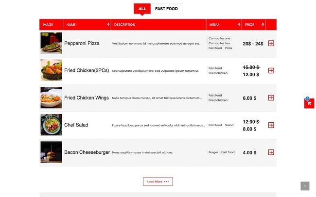 Complementos de menú de restaurante de WordPress: el menú WP Food incluye una lista de elementos de menú con precio y un botón para agregar al carrito