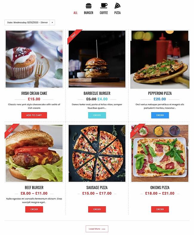 Complementos de menú de restaurante de WordPress: el menú de comida de WooCommerce muestra los elementos en un diseño de cuadrícula