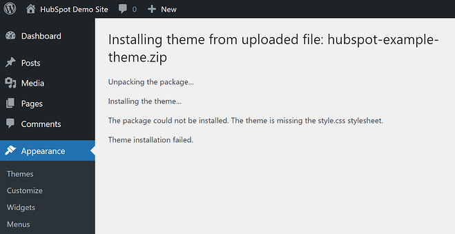 No se pudo instalar el paquete.  Falta el error de la hoja de estilo de WordPress style.css en el tema