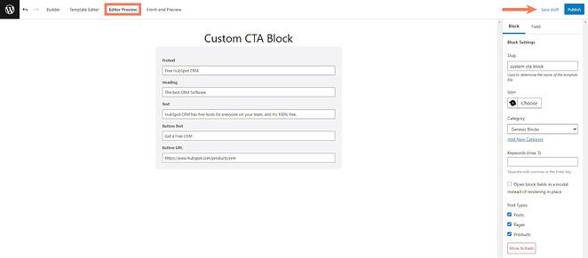 vista previa del editor en bloques personalizados de génesis