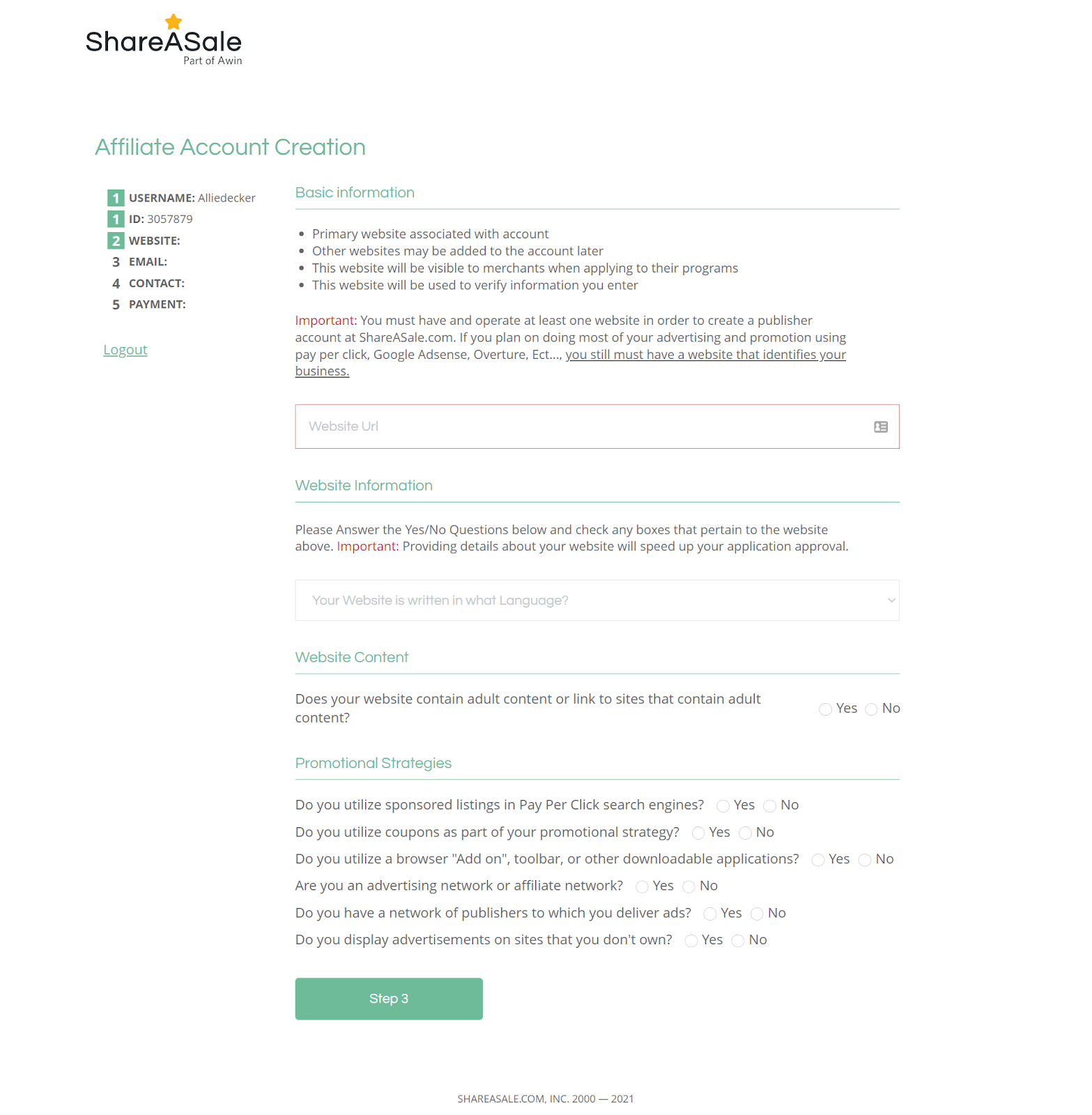 Página de registro de Shareasale