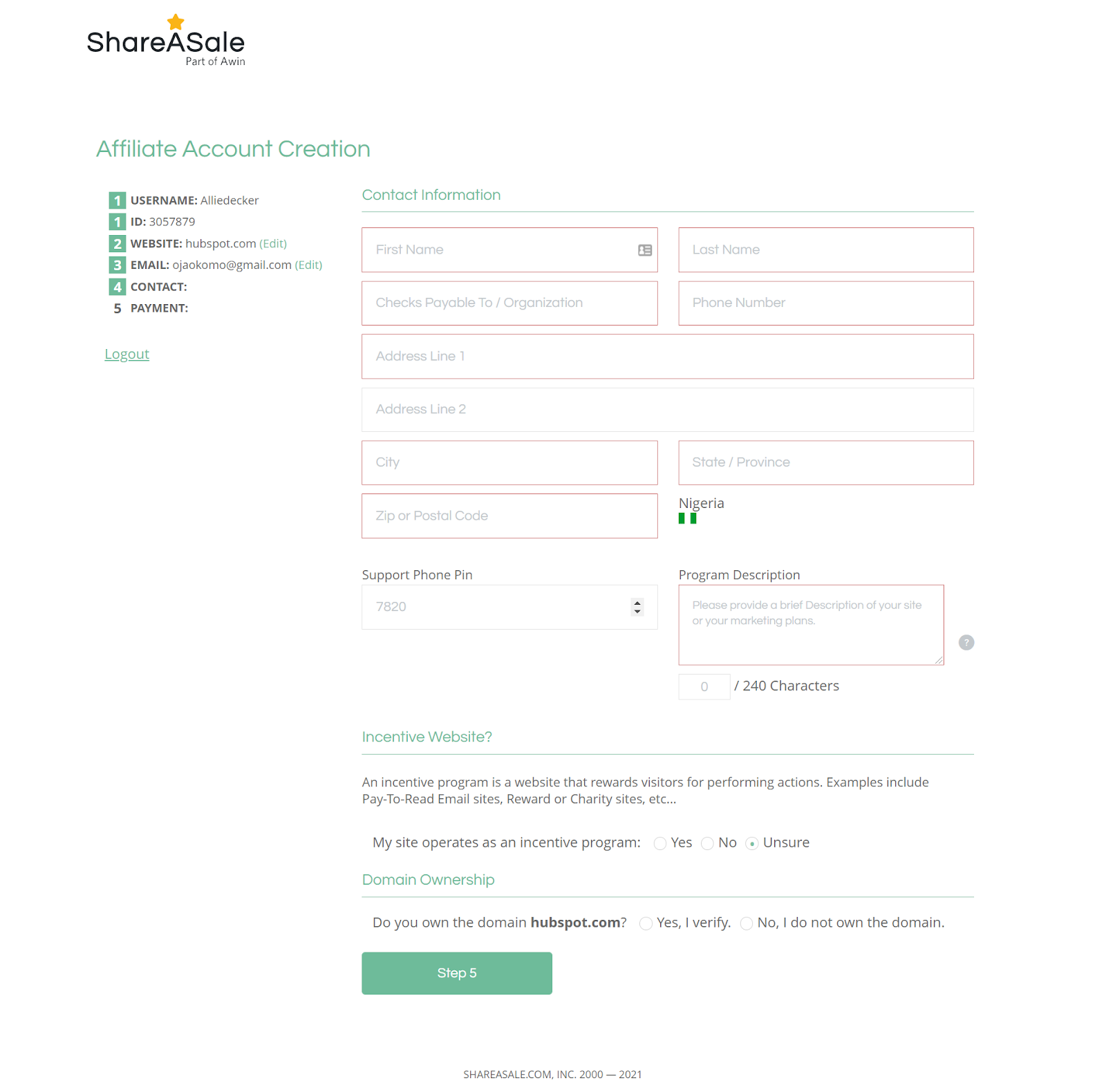 Página de pago ShareaSale