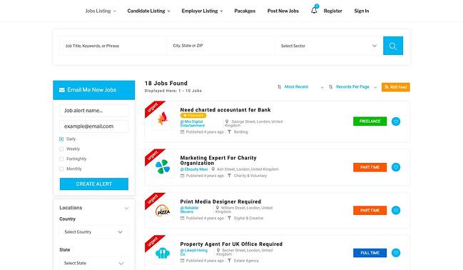 Complemento de la bolsa de trabajo para wordpress: JobSearch WP Job Board WordPress Plugin que muestra formularios de alerta de trabajo y posiciones abiertas