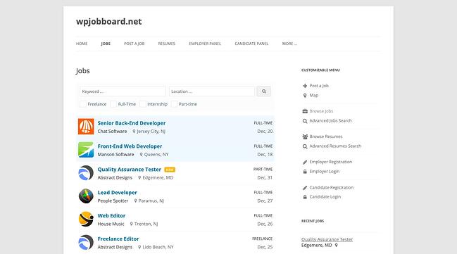 complemento del foro de trabajo para wordpress: página de archivo de WPJobBoard con puestos de trabajo y menú de navegación