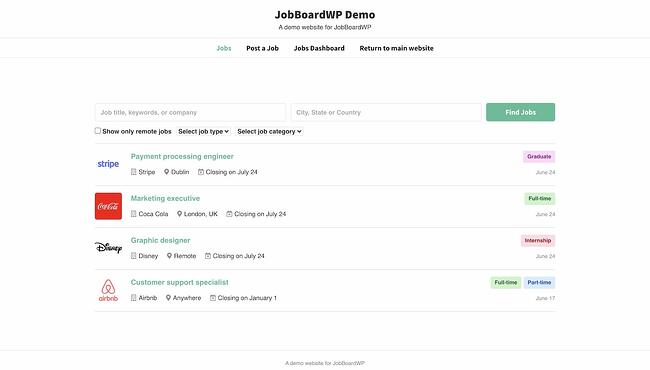 Complemento JobBoard para WordPress: Demostración JobBoardWP con campo de búsqueda y cuatro elementos