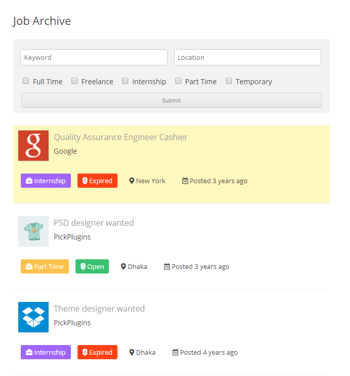Complemento de bolsa de trabajo para WordPress: Listas de trabajo coloreadas de Job Board Manager con tres posiciones mostradas verticalmente