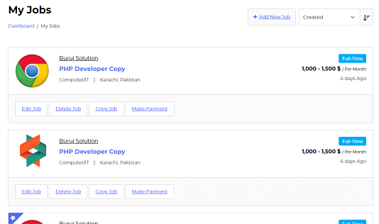 complemento del foro de trabajo para wordpress: listados de trabajo de WP Job Portal con dos posiciones mostradas verticalmente