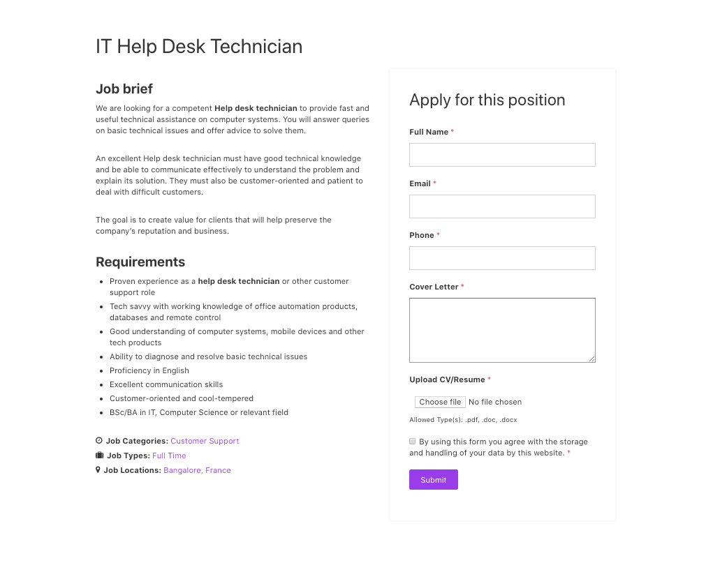 complemento del foro de trabajo para wordpress: WP Job Openings lista de trabajo personalizada para técnico de ayuda de TI