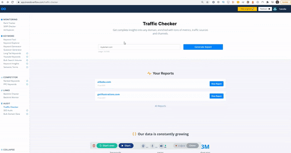 verificar el tráfico del sitio web: panel Brandoverflow que muestra al usuario ingresando la URL para verificar el tráfico