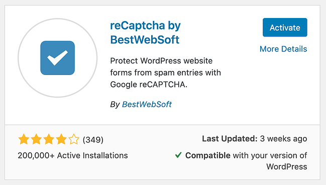 página de instalación del complemento google recaptcha