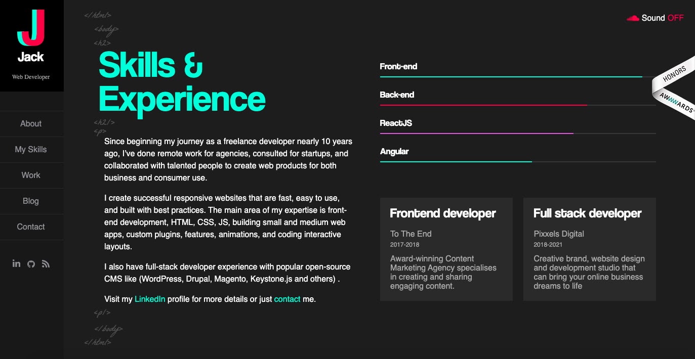 Un sitio de cartera de desarrolladores con las habilidades y la experiencia enumeradas