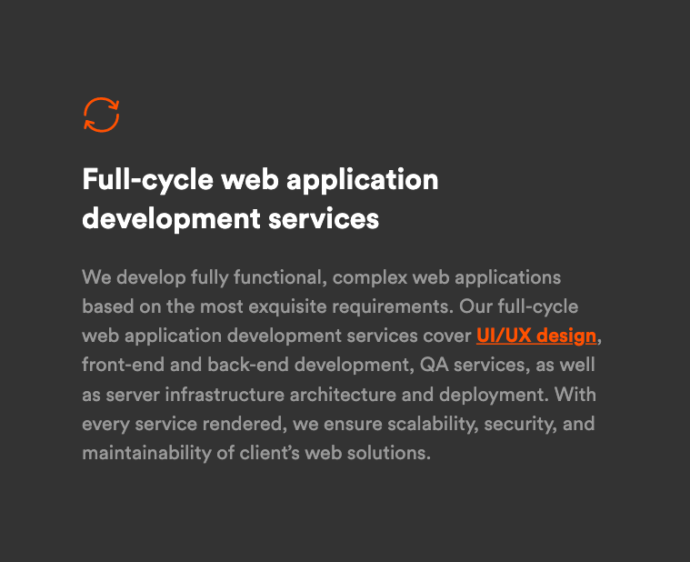 sección del sitio web de la agencia de desarrollo de sitios web que detalla los servicios de desarrollo de ciclo completo