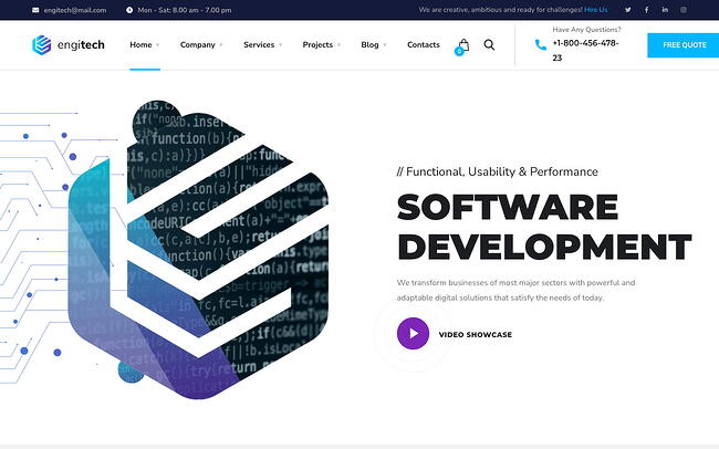mejores temas de wordpress para servicios de TI: Engitech incluye presentación de video para servicios de desarrollo de software