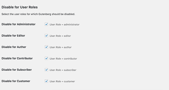 Deshabilitar las opciones de Gutenberg