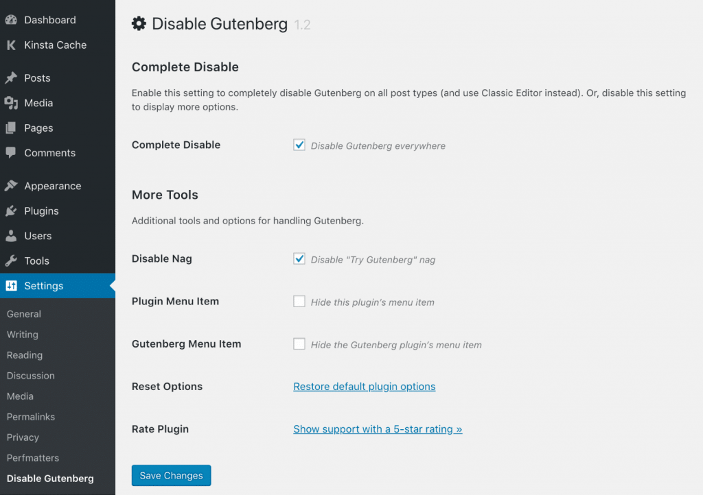 Deshabilitar las herramientas de Gutenberg
