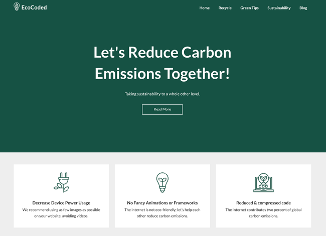 mejores temas ecológicos de wordpress: demostración EcoCoded con encabezado para reducir las emisiones de carbono juntos