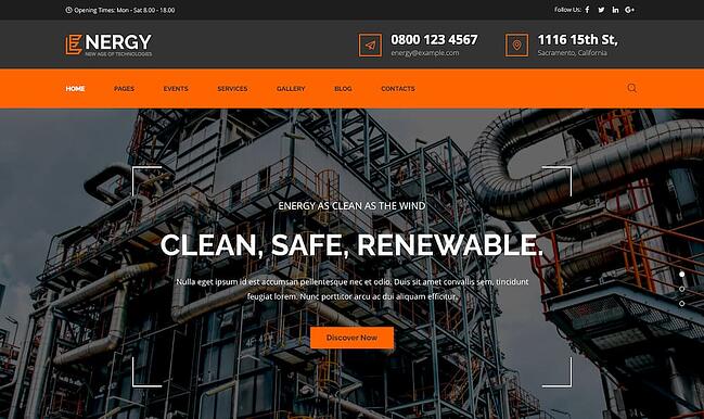 mejor tema ecológico de wordpress: la demostración de la página de inicio de Energy presenta detalles en naranja y un solo botón CTA