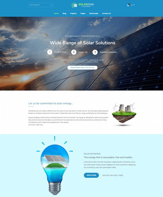 Mejor tema ecológico de WordPress: demostración de energía solar que muestra soluciones solares