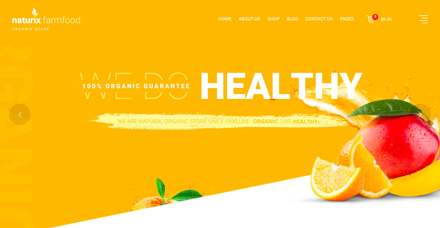 mejor tema orgánico de wordpress: la demostración de la página de inicio de Naturix tiene un color de fondo amarillo llamativo