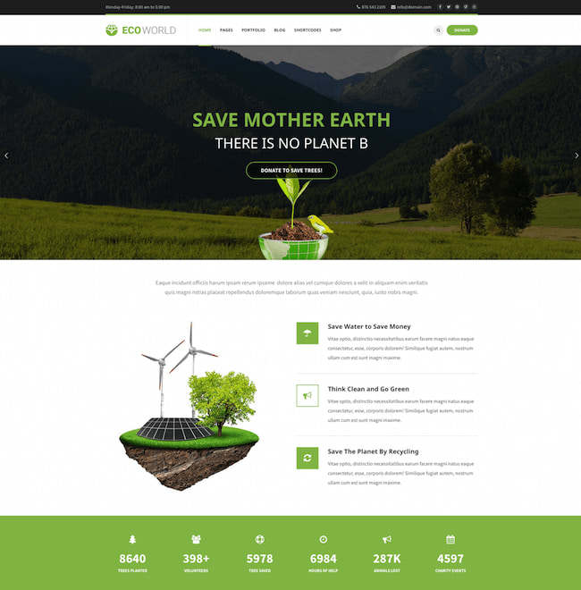 Los mejores temas ecológicos de WordPress: demostración de Eco World con encabezado para salvar a la Madre Tierra