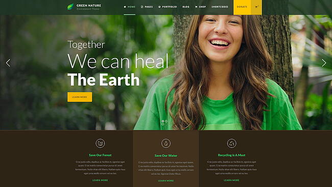 Los mejores temas de WordPress ecológicos: demostración de Green Nature con un titular que dice Podemos sanar la Tierra