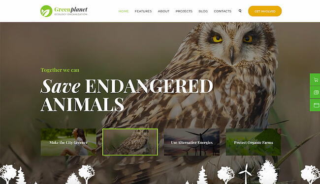 mejores temas de wordpress ecológicos: demostración de Green Planet con encabezado para salvar animales en peligro de extinción