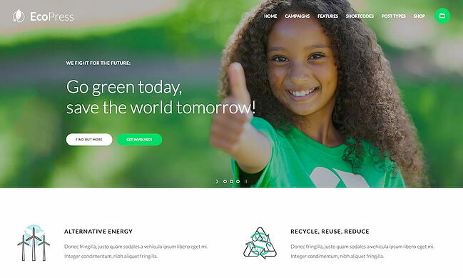 Los mejores temas ecológicos de WordPress: demostración de EcoPress con banner de héroe que muestra a una niña mostrando el pulgar hacia arriba