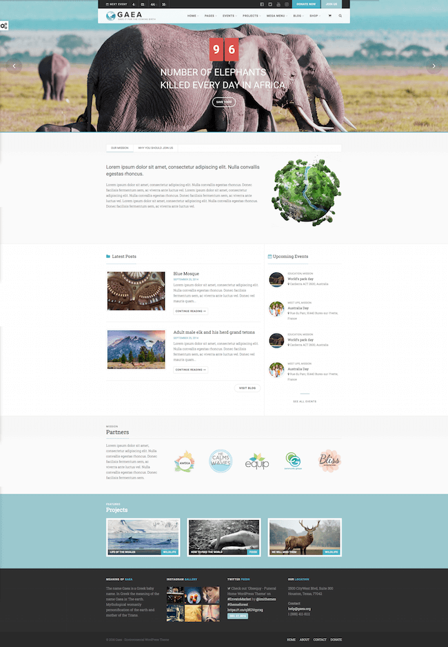 Los mejores temas de WordPress ecológicos: Gaea Demo muestra la cantidad de elefantes asesinados por día