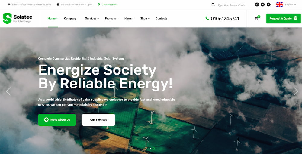 mejores temas de wordpress ecológicos: la demostración de Solatec incluye un encabezado y dos botones cta