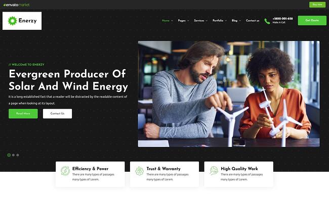 Mejor tema orgánico de WordPress: la demostración de la página de inicio de Enerzy viene con dos botones CTA y una imagen