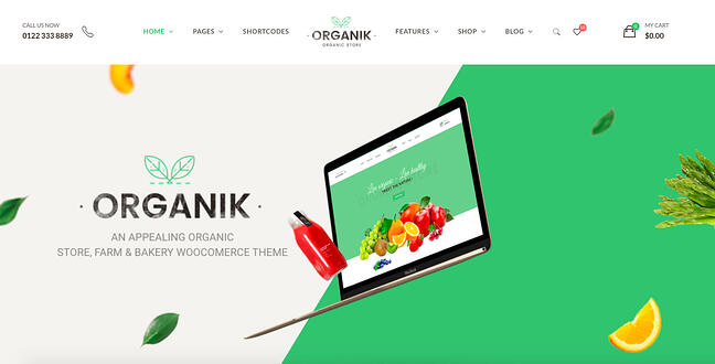 mejores temas de wordpress ecológicos: demostración orgánica con banner animado de héroe de vegetales