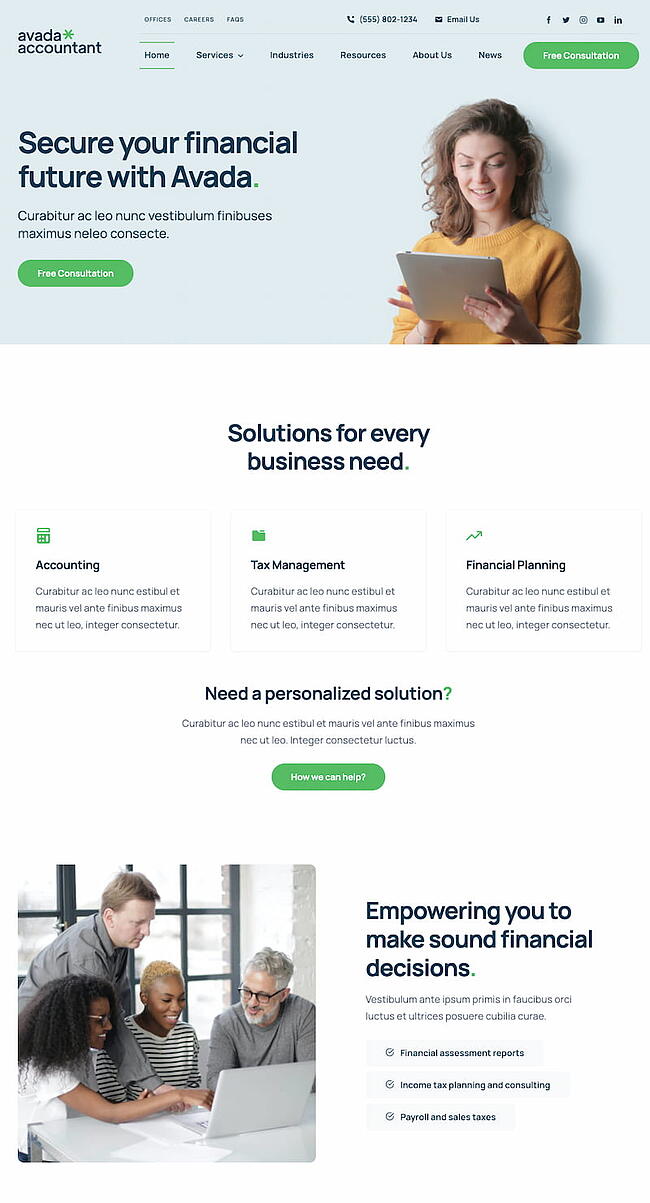 Los mejores temas de WordPress para contadores: sitio web preconstruido de Avada Accountant