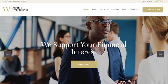 mejor tema de WordPress para contadores: Wizor's Investments & Business Consulting Insurance demo 