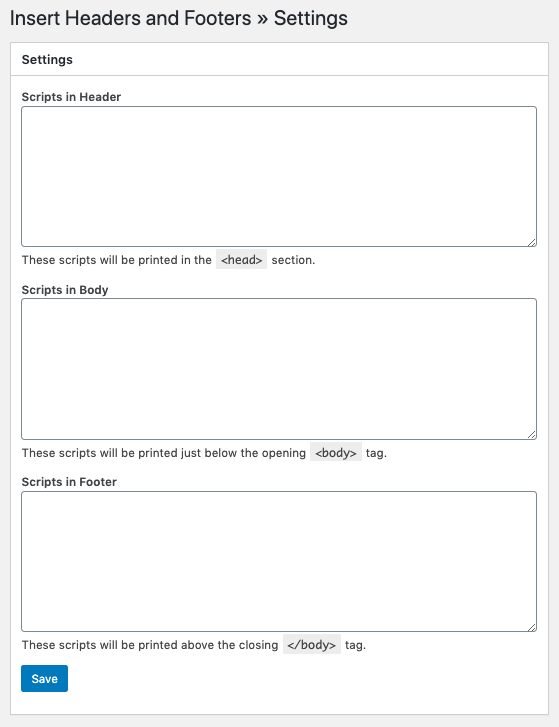 Ficha Configuración del complemento Insertar encabezados y pies de página 