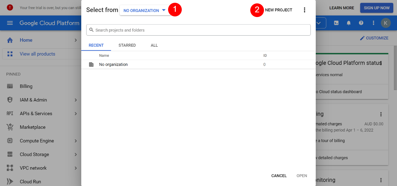 Cree un nuevo proyecto en Google Cloud Console. 