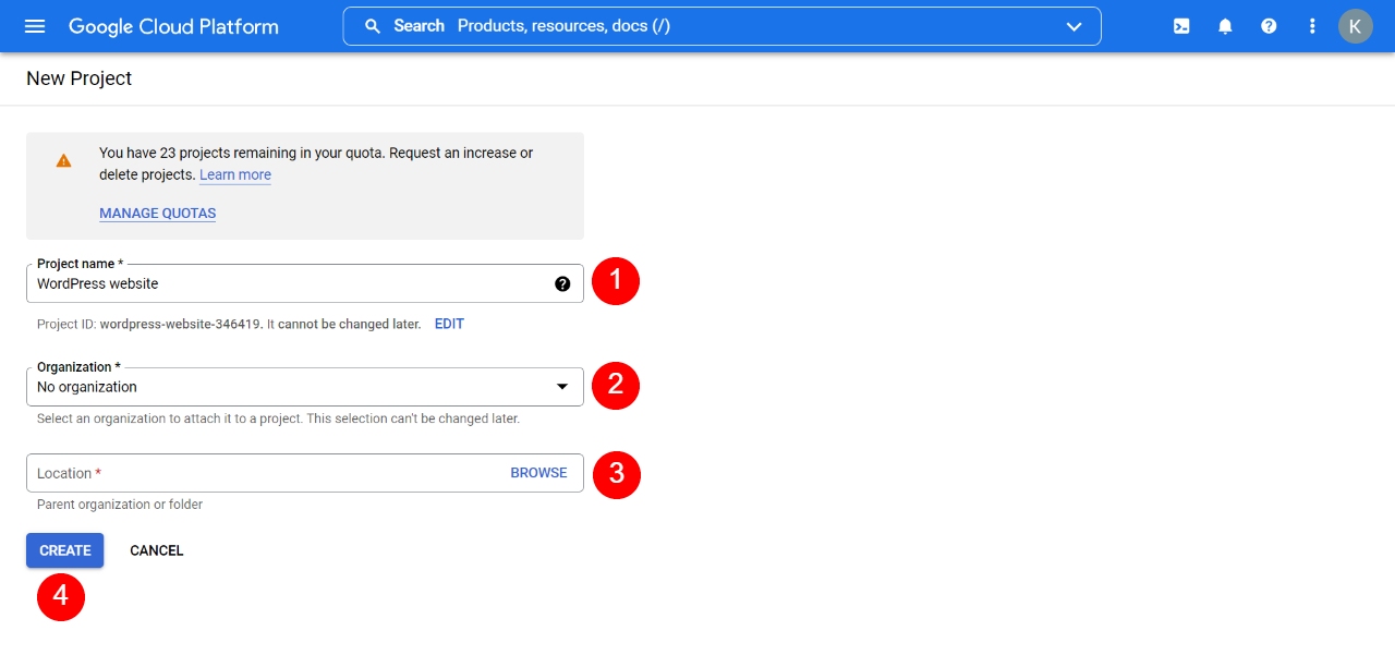 Crea un nuevo proyecto en Google Cloud. 