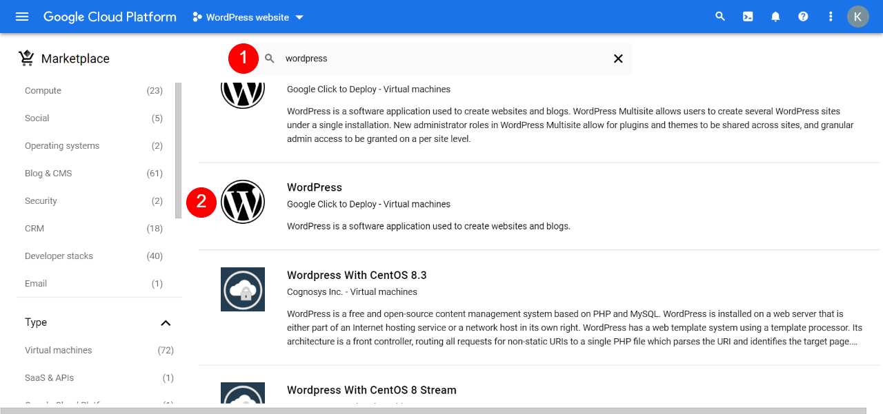 Haga clic para implementar WordPress en el alojamiento de Google Cloud. 
